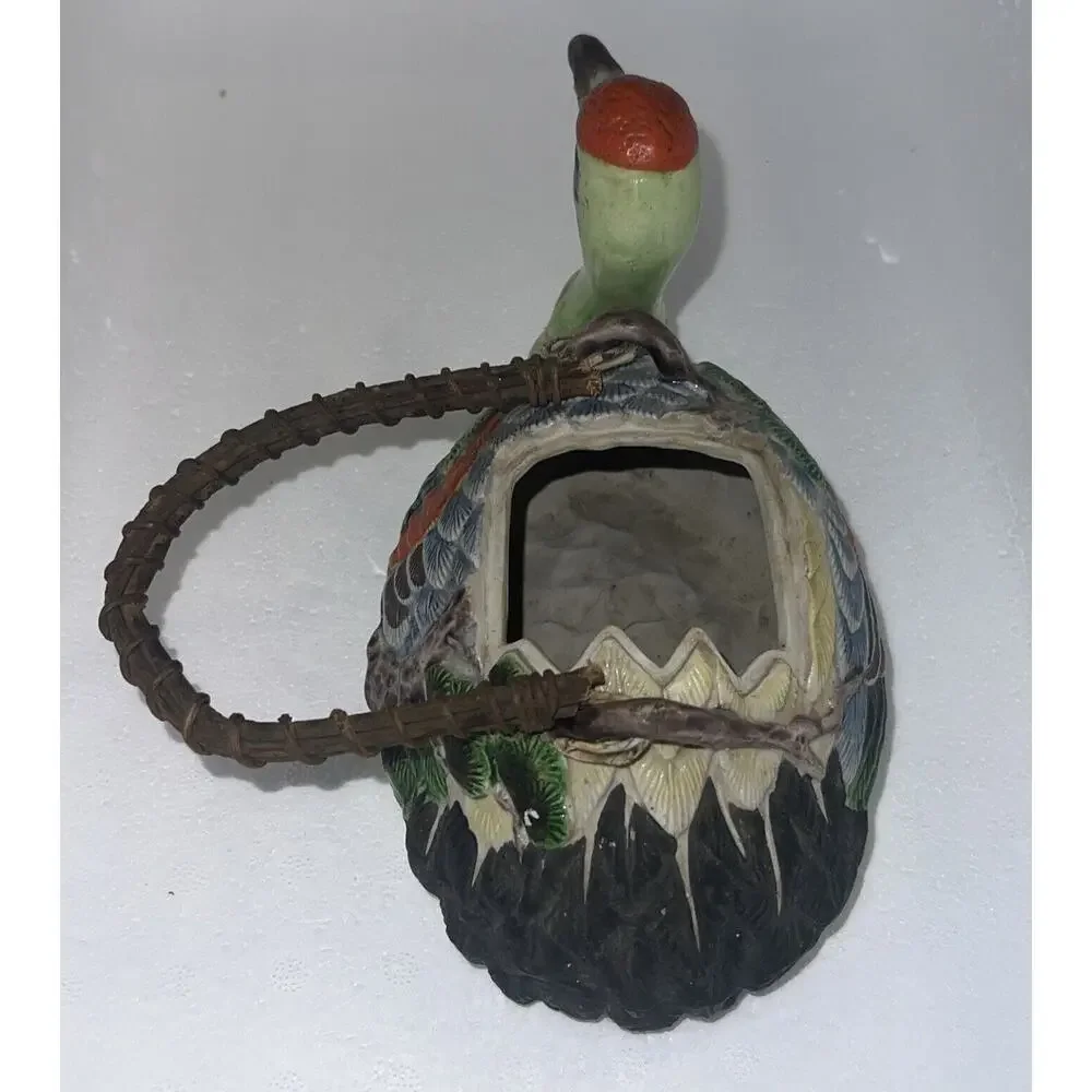 Collectible Hand Painted Banko Ware Duck Teapot, Wicker Bail Handle Japan
